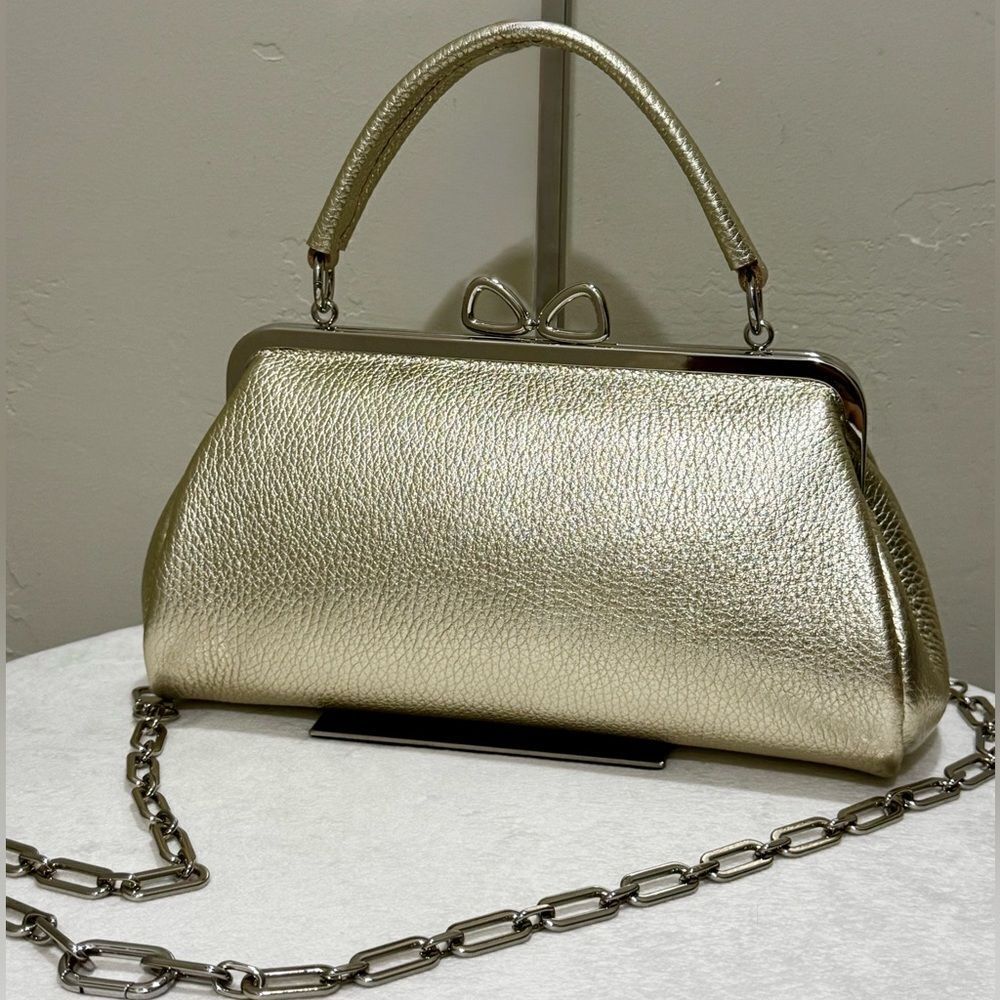 Gold Togo Cowhide Calfskin Handmade “Bow” Shaped Kisslock Baguette Bag/Crossbody
